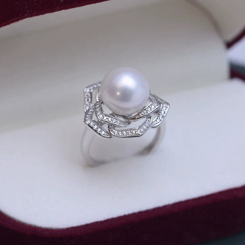10-11mm Freshwater Pearl Camellia Cubic Zirconia Ring - May-Lynn